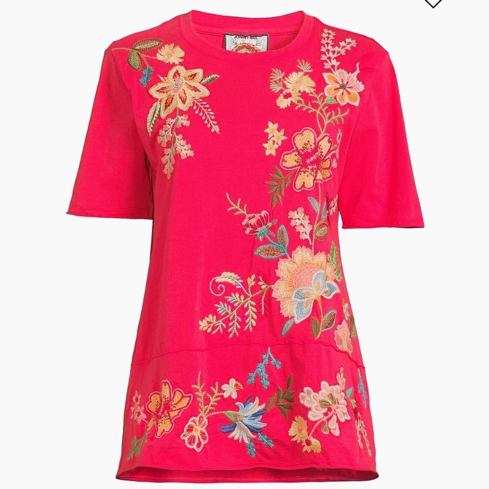 Johnny Was Ishani Cotton Floral Embroidered Womens T-Shirt Size XS - NWT